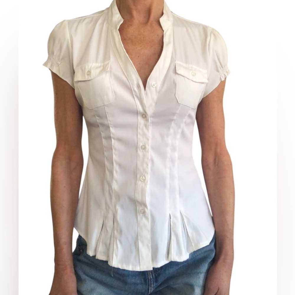 Cotton Express Asian Collar Button-Down cinch puffy sleeve blouse